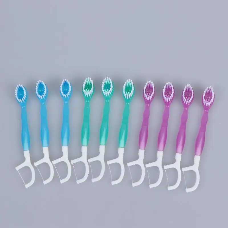 10Pcs 2In1 Dental Floss Toothbrushes With Soft Nylon Bristles And Durable Floss Perfect For Daily Oral Care Travel Home Use+~