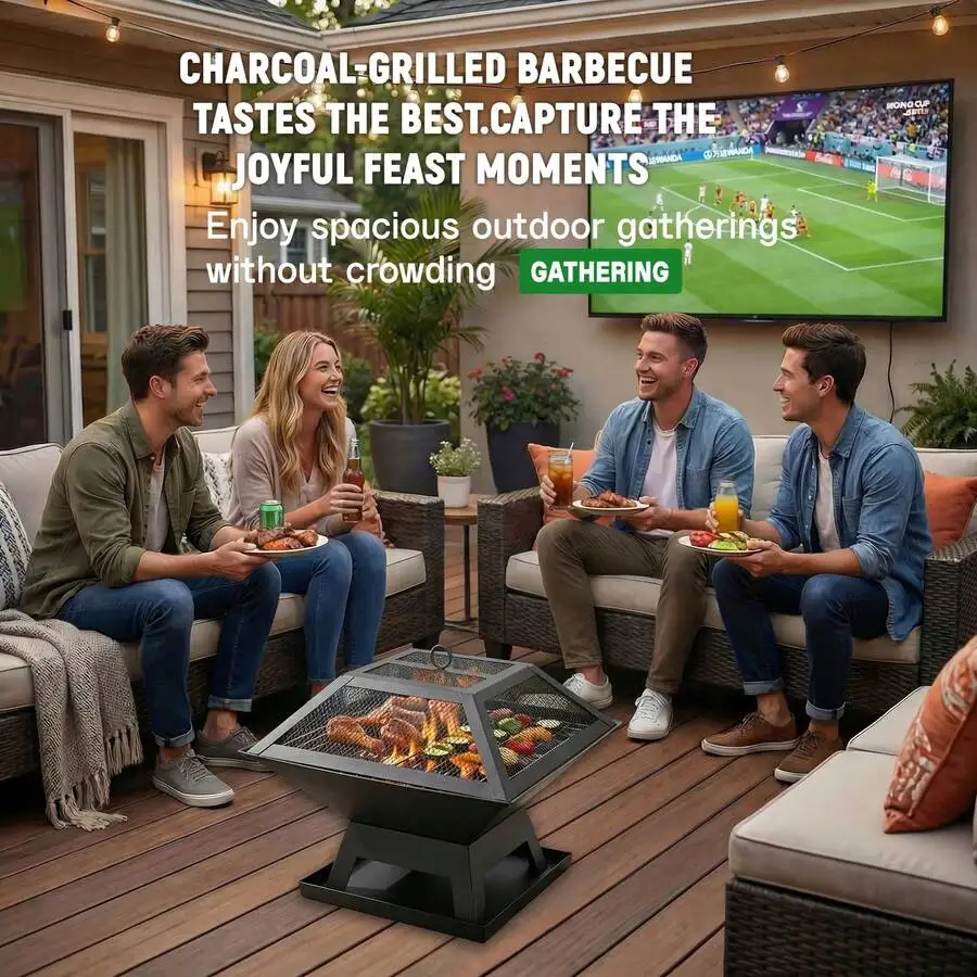 Outdoor Camping Fire Pit Grill, 2-In-1 BBQ And Heating Fire Bowl, Includes Spark Screen And Fire Poker For Easy Fire Control, Id