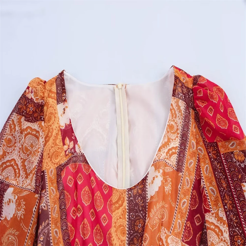   Robe longue à manches longues et col carré pour femmes, avec cravate à la taille imprimée Paisley Orange et rouge, Style bohème, 2025