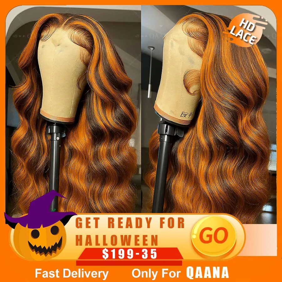 200% peluca resaltada marrón jengibre cabello humano onda del cuerpo pelucas delanteras de encaje prearrancadas Ombre jengibre naranja color 5x5 pelucas sin pegamento