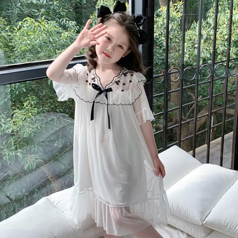 Girl Short Sleeve Sleep Dress Baby Embroidery Summer Thin Pajamas White Princess Comfortable Home Clothes Kids Nightgown Wz1148