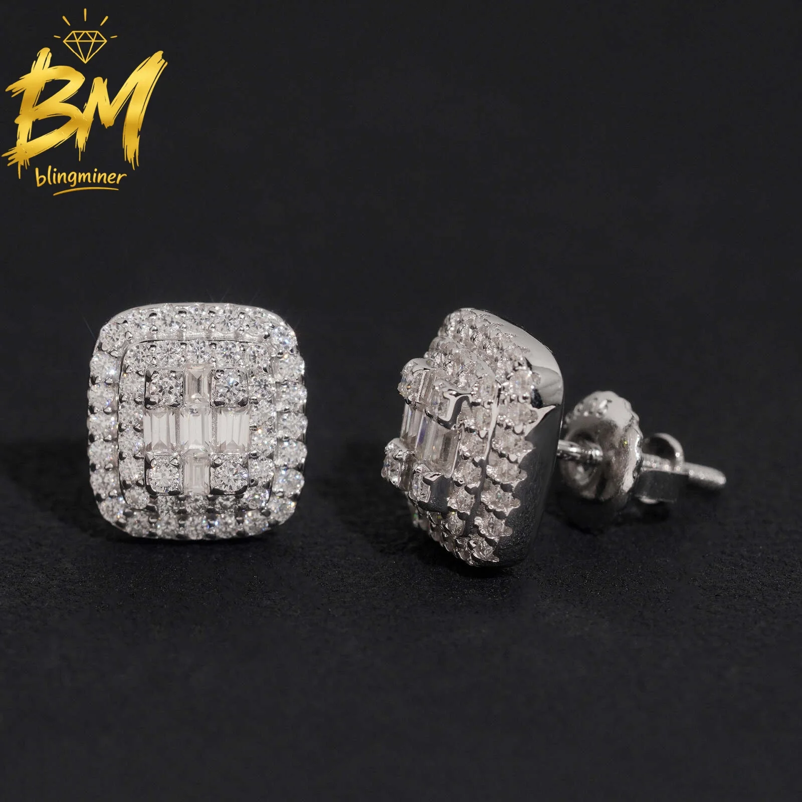 Blingminer Fine Baguette VVS Moissanite Earrings For Men Women S925 Silver Ear Studs Jewelry Pass Diamonds Tester GRA Free Shipp