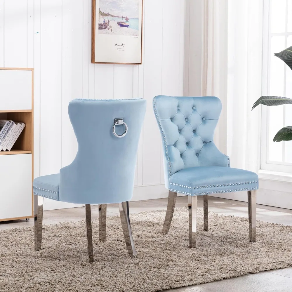 Fluwelen Eetkamerstoelen Set Van 2, Luxe Gestoffeerde Tufted Eetkamerstoelen Met Roestvrijstalen Poten En Trekringbekleding