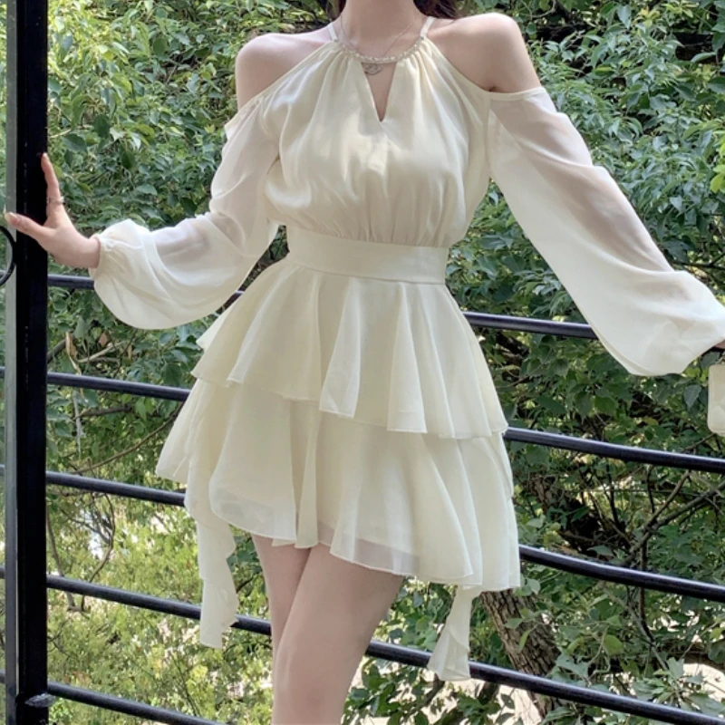 HOUZHOU Elegant Luxury Dresses for Women Fairycore Casual Chiffon Dress Sweet Short Skirt Fashion Summer White Mini Dress Slim