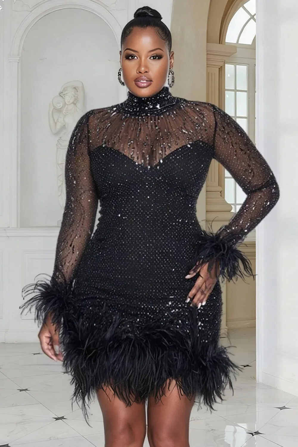 

Plus Size Cocktail Party Sequin Black Mock Neck Long Sleeve Bodycon Feather Mesh Mini Dresses