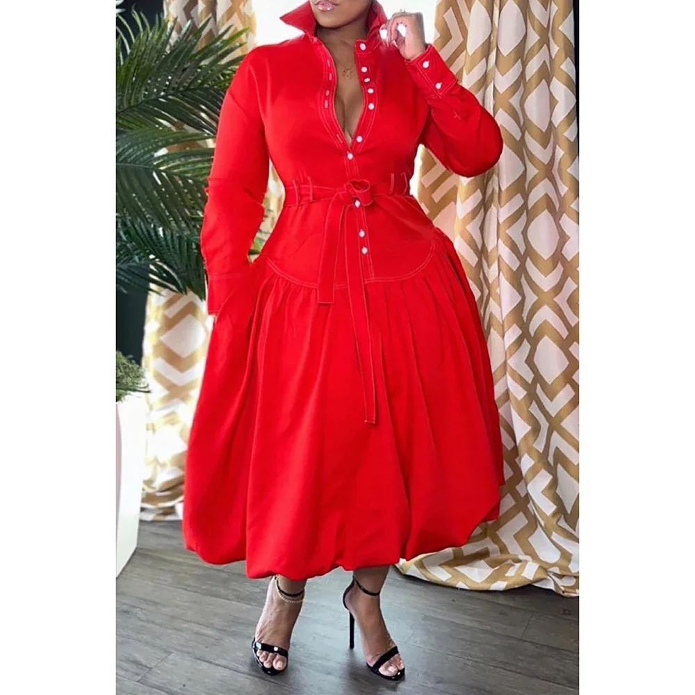 Plus Size Half Christmas Red Women\'s Dress Fashion Button Up Stand Up Collar Long Sleeve Pocket Party Midi Dress