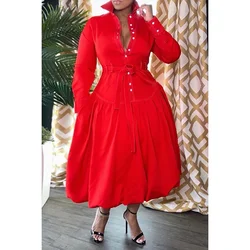 Plus size meio natal vermelho vestido feminino moda botão até gola manga longa bolso festa midi vestido