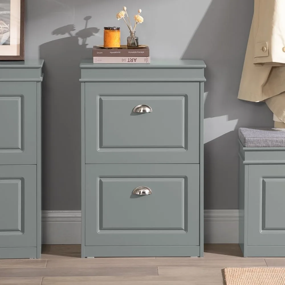 خزانة تخزين أحذية رفيعة مع درجين قابلين للطي للمدخل والممر، باللون الأخضر #2