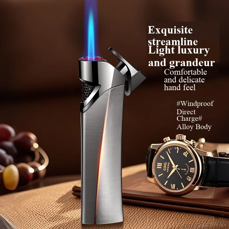 

Portable Windproof Straight Jet Blue Flame Lighter Alloy Body Light Luxury And Atmospheric Cigar Lighter Men's Exquisite Gift