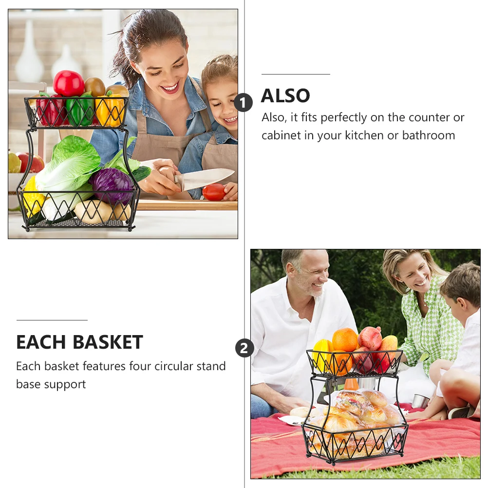 

2 -Tier Fruit and Vegetable Storage Basket Rack Holder Container Tray Dish Metallic Line Stand
