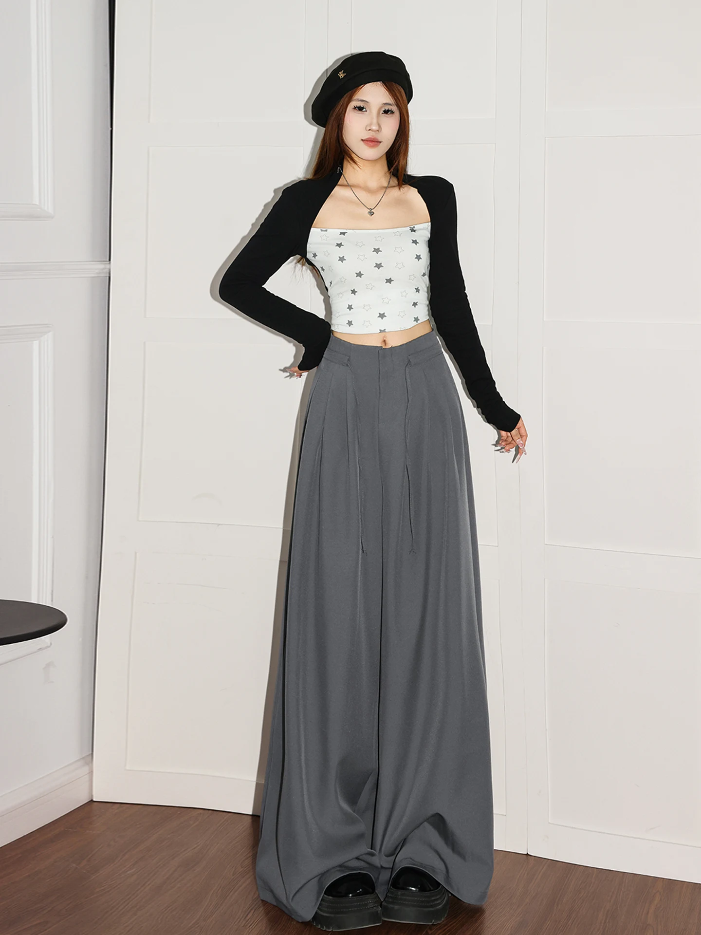 Casual Wide Leg Pants Women's Deep Grey Korean Style Design Summer Drape Straight Loose Trousers High Waist Elastic Waistband