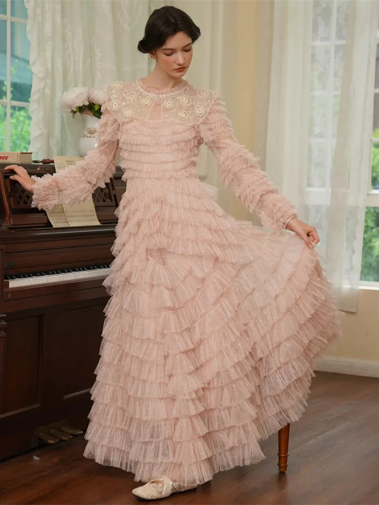 

80-92cm Bust Spring Pink Maxi Dresses Women Elegant Slim Handmade Beadings Embroidery Evening Dress Birthday Party Tiered Skirt