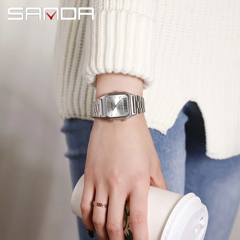 SANDA Luxury Silver Stainless Steel Men\'s Watches Women Fashion LED Digital Clock Waterproof Sports Watch relogio masculino