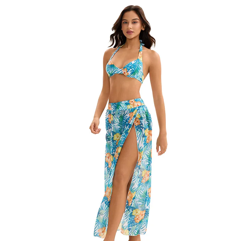 2026 Print Cross Three Piece Vent Long Skirt Bikini Swimsuit Women Swimwear Female Bather Bathing Swimming Swim Suit Beachwear