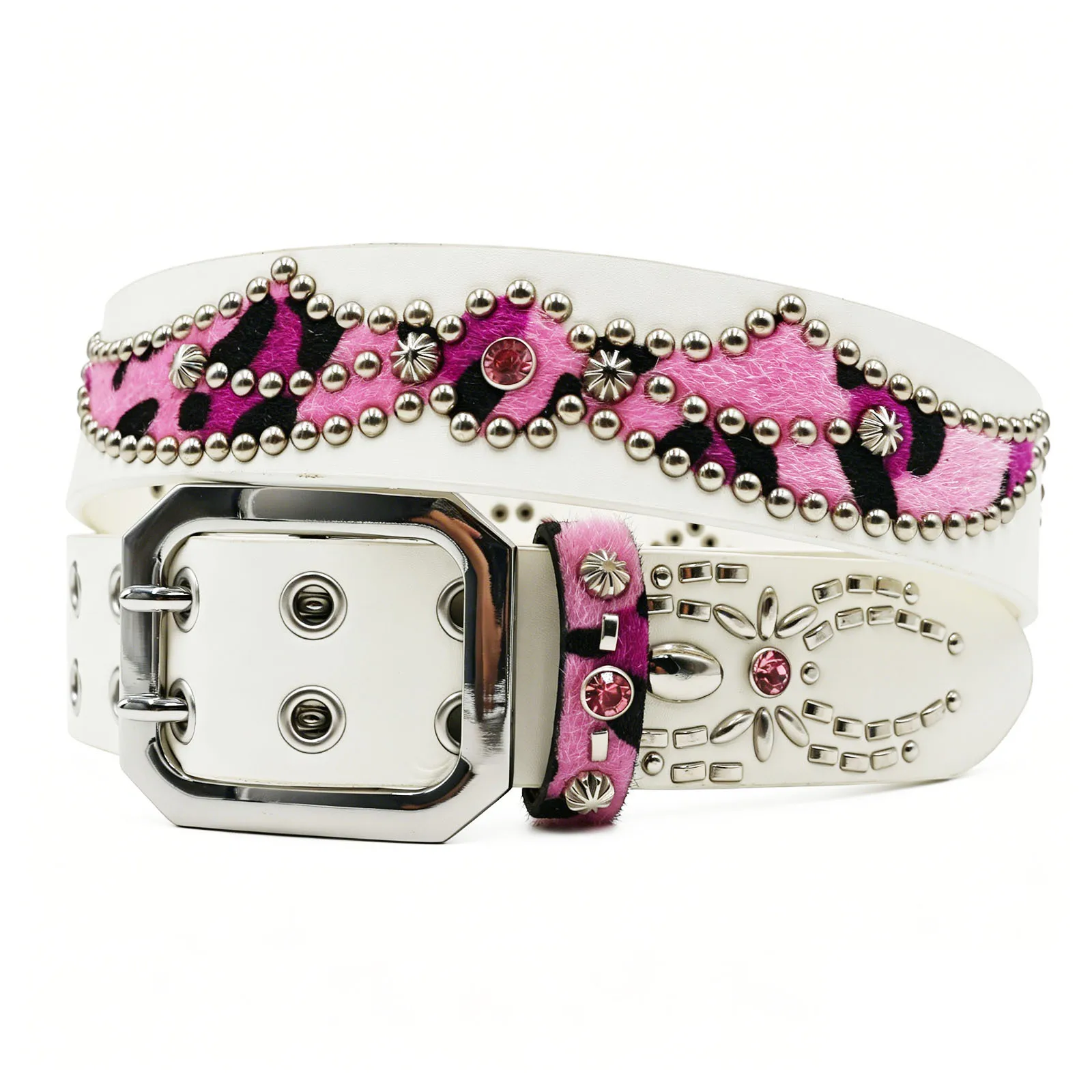 Print Rhinestone Leather Belt for Men Women Large Size Belt Western Jeans Shiny Rivet Hip-hop Punk Rock Y2K Style