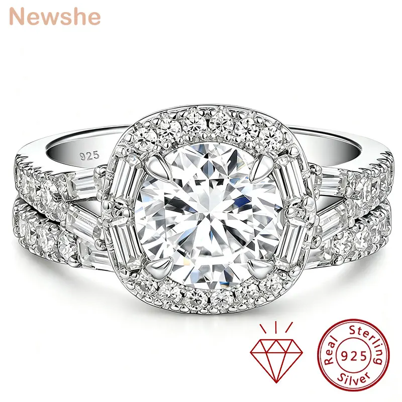 Newshe Solid 925 Sterling Silver Round Moissanite Wedding Ring Set Cushion Halo Baguette Engagement Band Bridal Stackable Ring