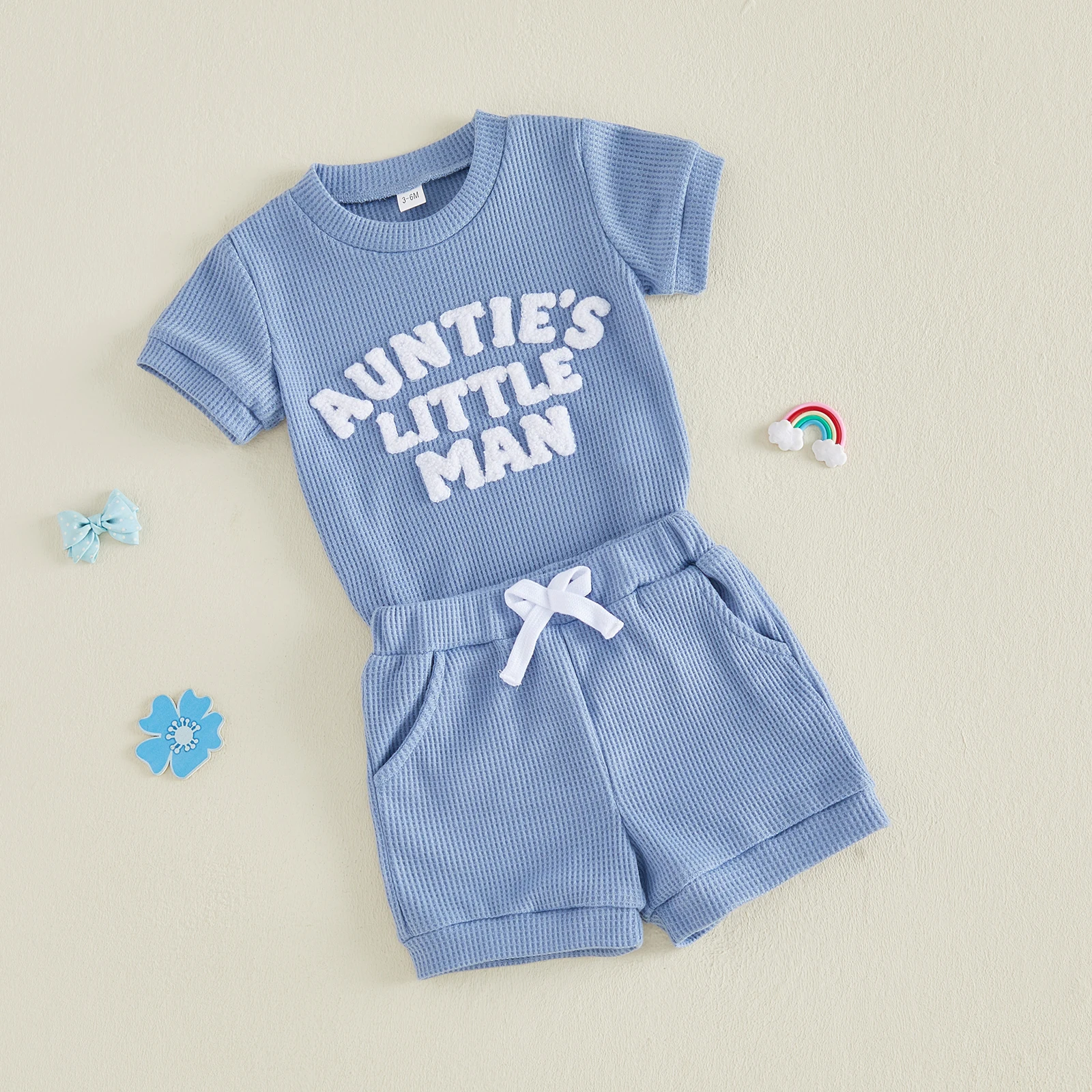 0-18M Baby Girl Summer Waffle Outfits Baby Boys Casual Short Sleeve Letter Embroidery Romper with Shorts 2Pcs Outfits