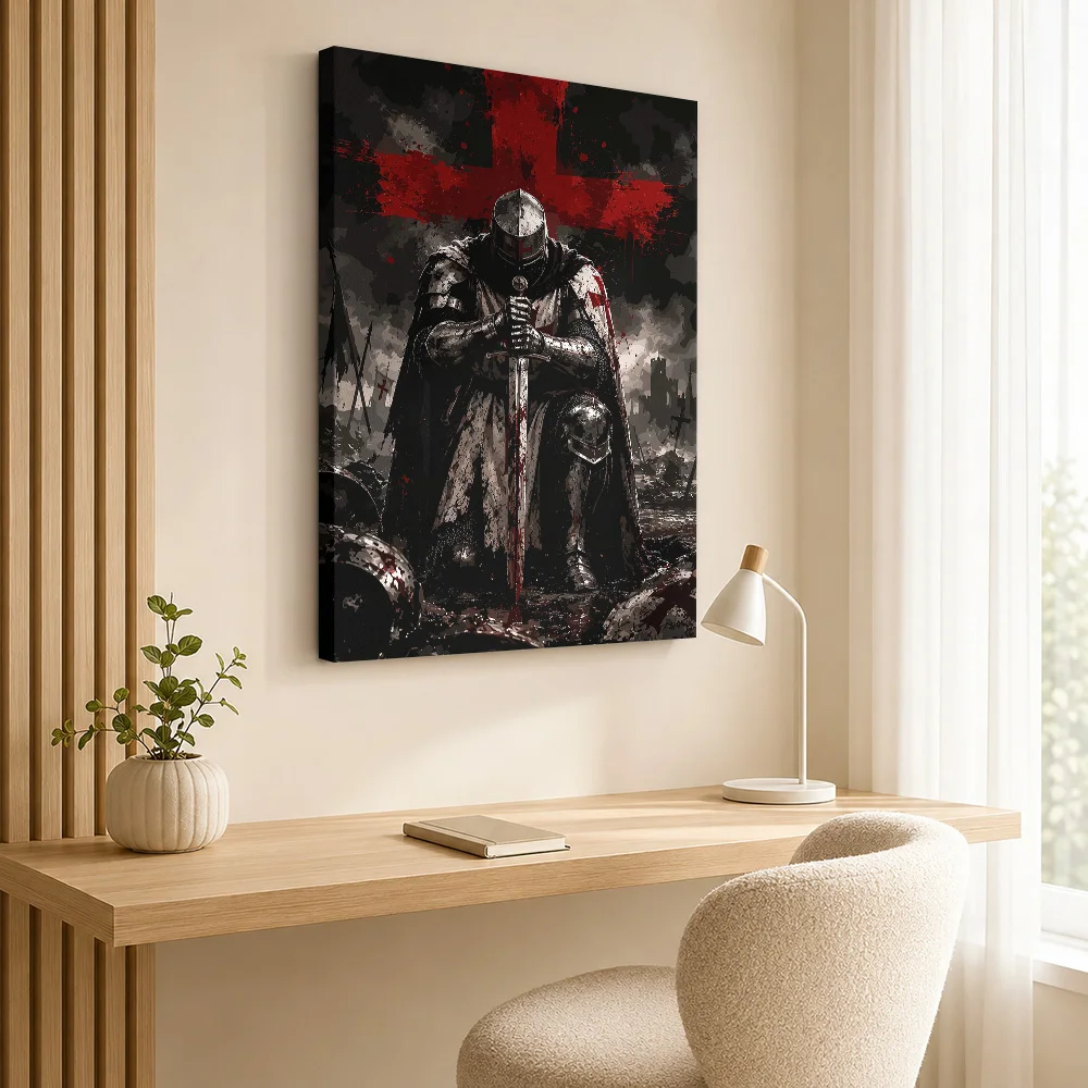 Kneeling Crusader Knight Sword Wood Framed Canvas Poster Customized Photo Dramatic Medieval Wall Art For Man Cave Birthday Gift