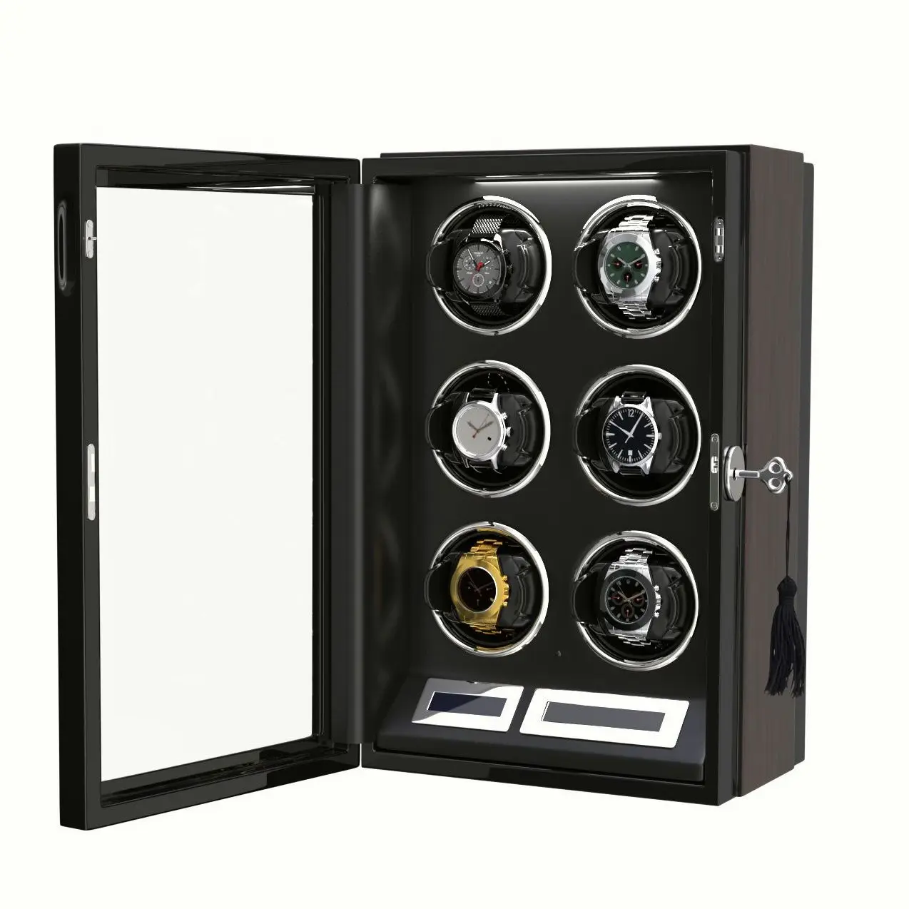 Kotak Winder jam tangan 6 Slot otomatis, jam tangan Winder hitam dengan lampu LED layar sentuh kendali jarak jauh