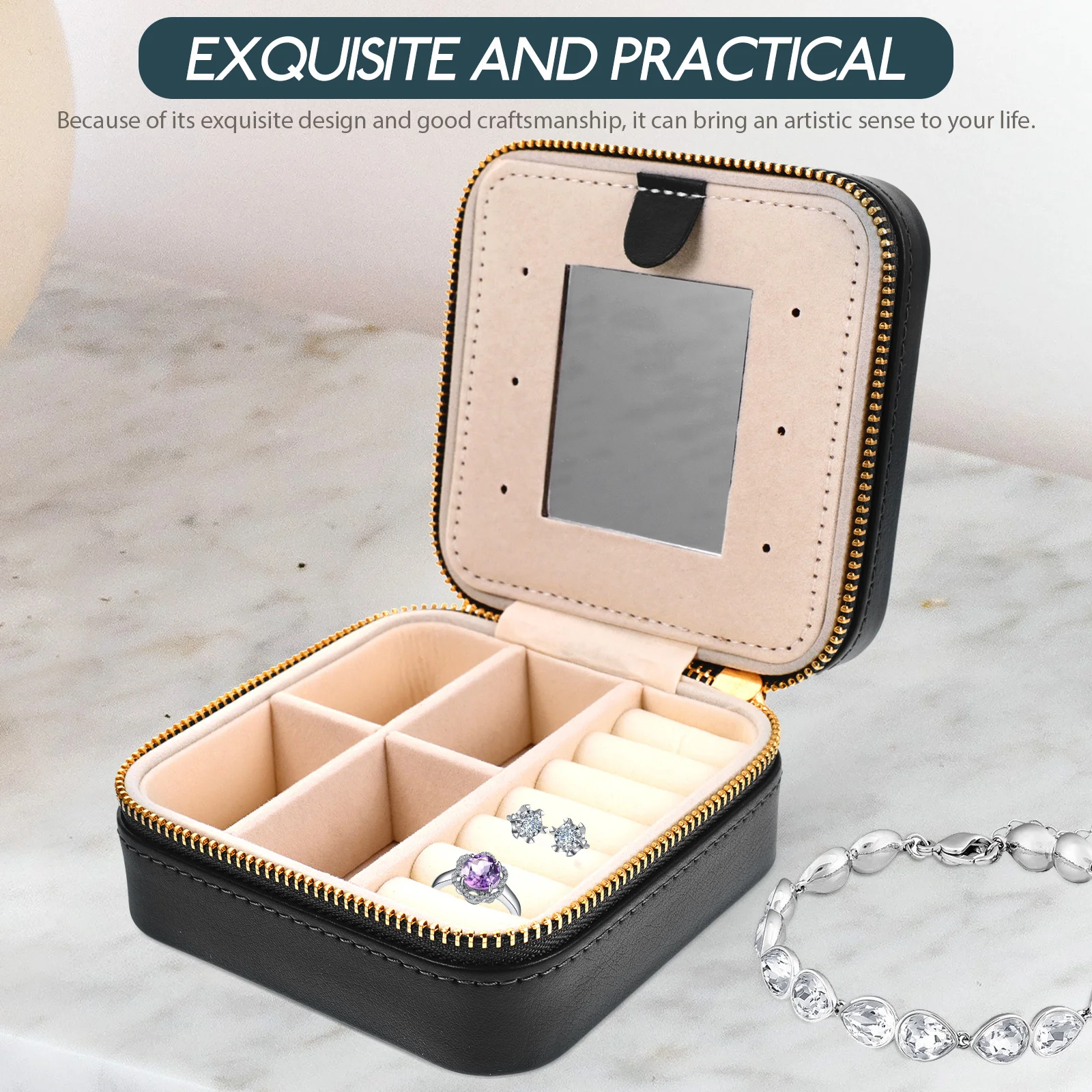 

Compact Travel Jewelry Storage Box Small Portable Zipper Jewelry Organizer Case Exquisite Design Holder for Earrings Rings