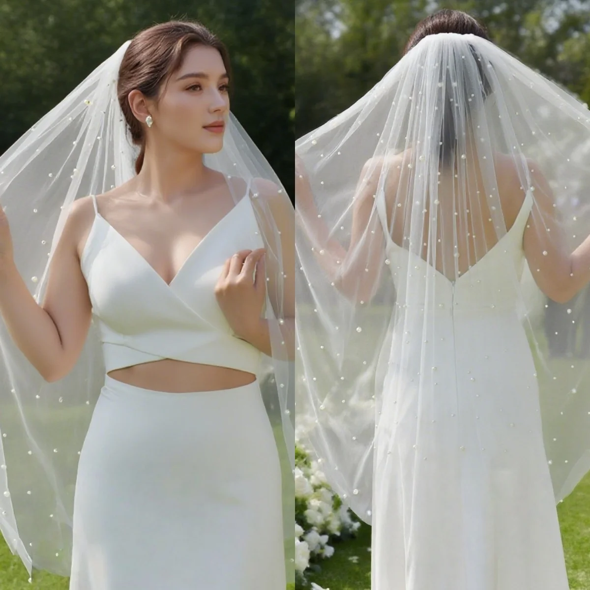 

One Layer Wedding Veils Pearls Fingertip Length With Comb Soft Tulle Bridal Veils Wedding Marriage Accessories