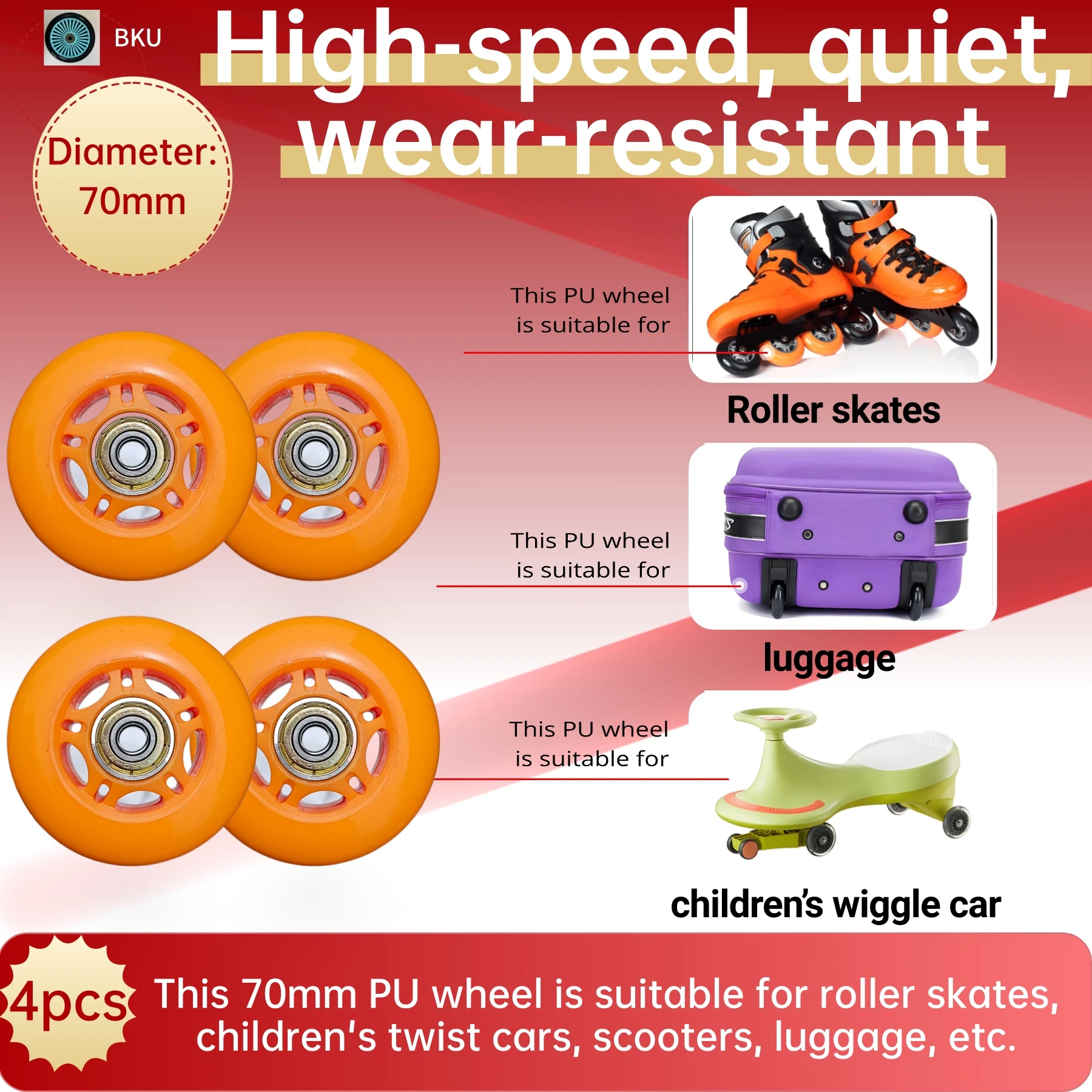 

4- pack 70mm PU roller skate replacement wheels, fit for ice skates, scooters, luggage, skateboards, baby strollers.