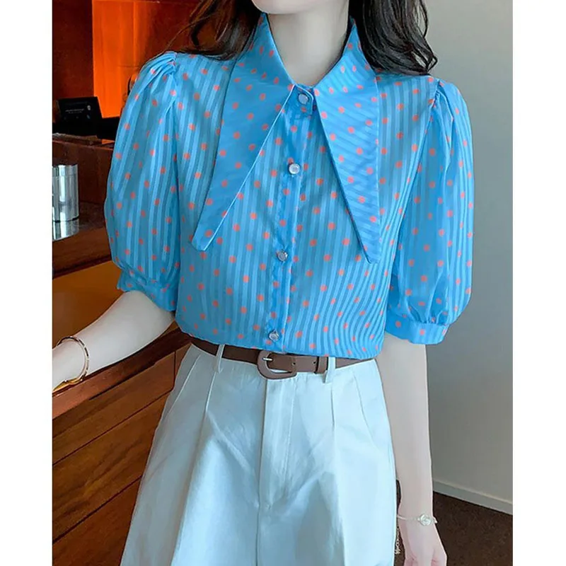 Korean Fashion Polka Dot Striped Printed Blouse Summer Women's Clothing Casual All-match Female Polo-Neck Single-breasted Shirt