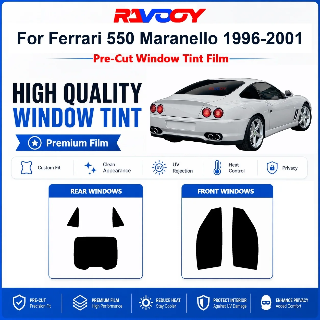Premium Pre-Cut Window Tint For Ferrari 550 Maranello 1996-2001 Front & Rear Windows UV Heat Rejection Privacy Film