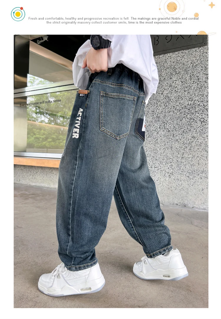 Heißer Verkauf Kinder-Jeans mit Taschen für Jungen Neue Frühlings-Jeans mit elastischem Bund Hochwertige Teenager-Jeanshosen – Detail 10
