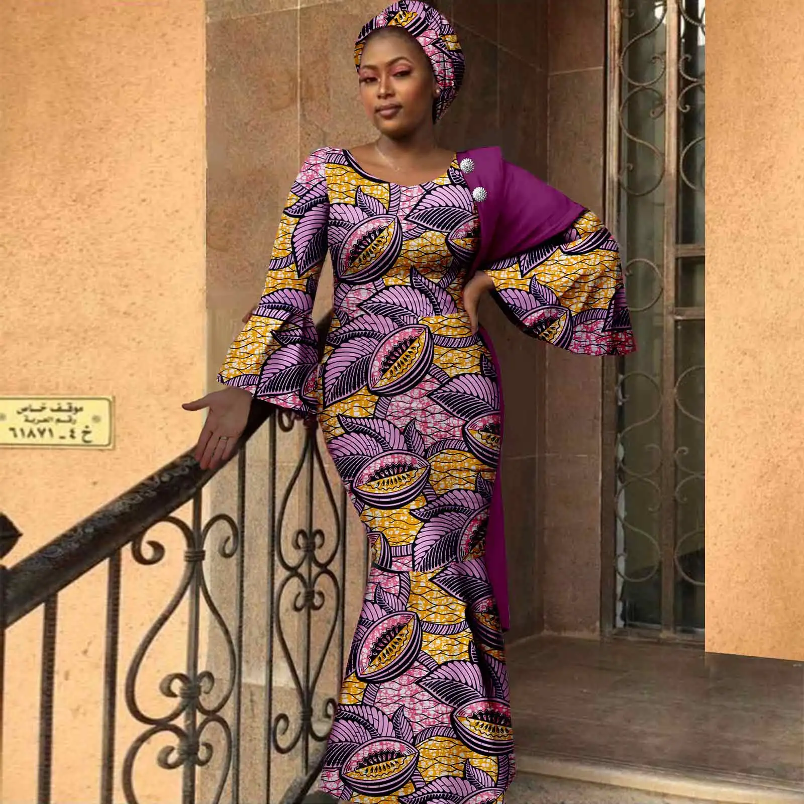 African Women Dresses Dashiki Ankara Print Slim Long Dress with Headwrap Bazin Riche Ladies Outftis Party Vestidos Y2225023