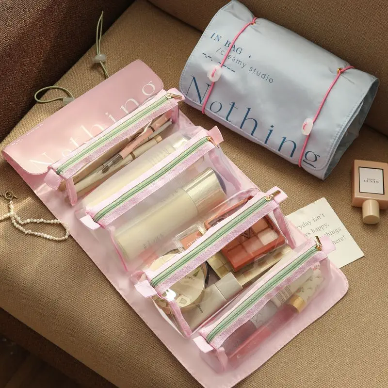 4 In 1 Detachable Makeup Brushes Organizer Toiletry Bag Folding Portable Wash Bag Roll-Up Cosmetic Organizer Travel Cosmetic Bag