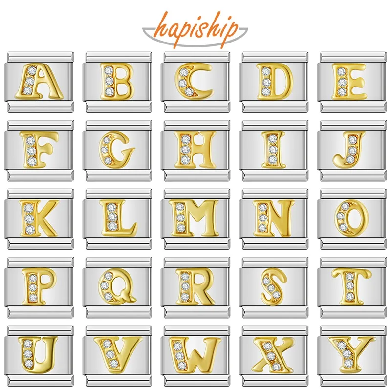 Hapiship Glänzende CZ 26 Buchstaben A-Z Italienische Charms Vergoldet 9mm Edelstahl Modulares Armband DIY Schmuck DJ2479