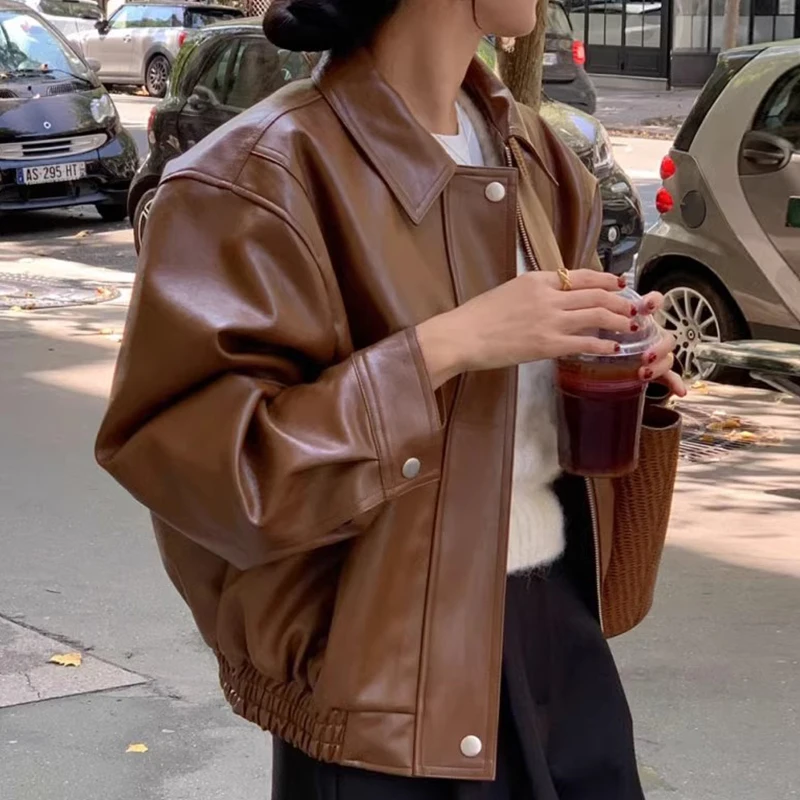 

Retro Chic Waed PU Leather Jaet Zipper Loose Casual Versatile Women's Collar Coat Autumn New Sle Commute Long Sve
