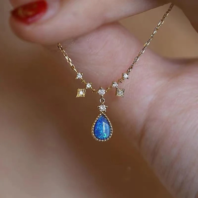 

Vintage Italian Craft 10K Solid Gold Set Opal Teardrop Blue Gemstone Pendant Chain Necklace Women 14K Gold Filled Fine Jewelry