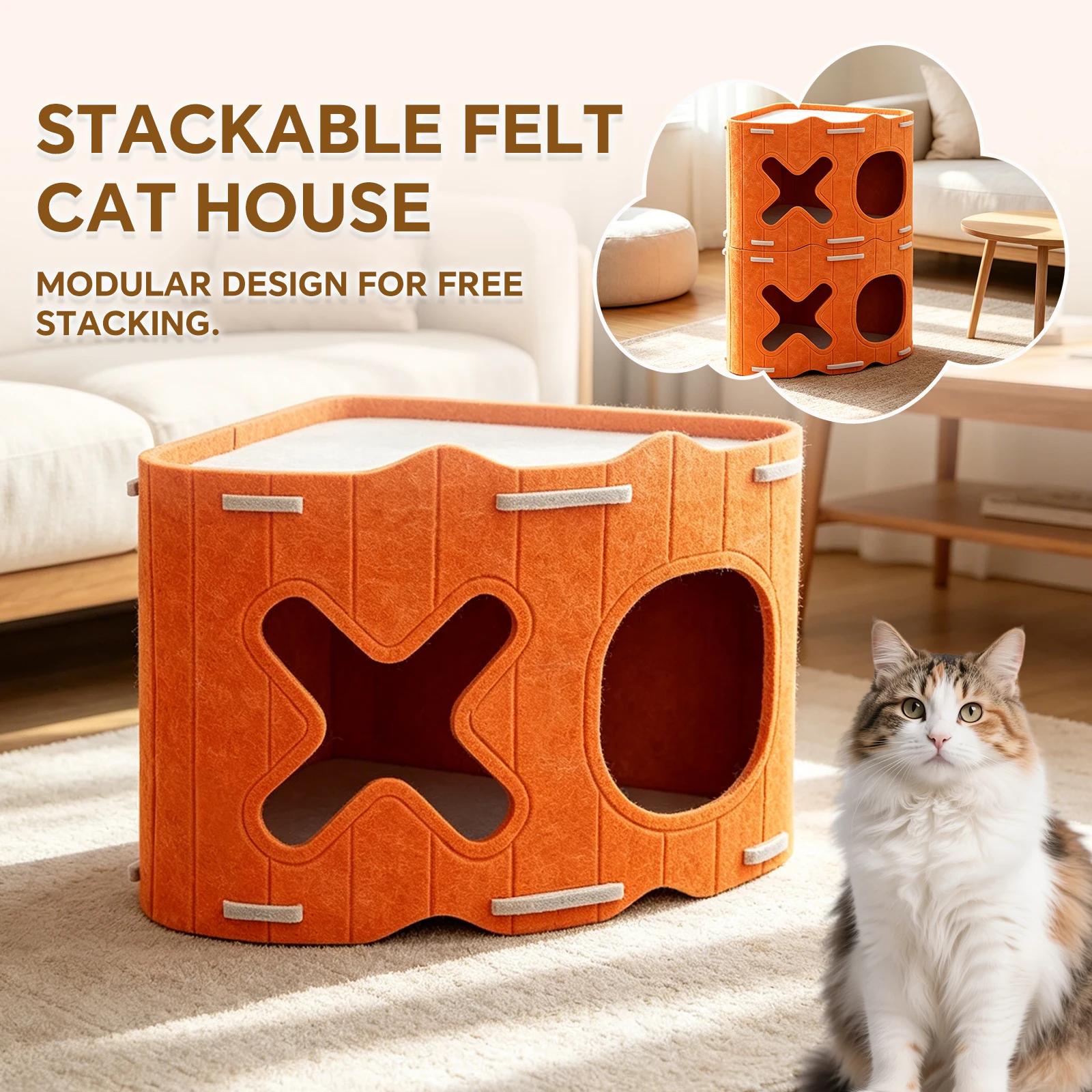 Stackable Modular Felt Cat House for Indoor Cats, Splicable Vertical Cat Cave Hideaway, Multi-Layer Wall-Mountable Cat Condo, Detachable Stack Cat Castle Shelter for Kittens All Seasons