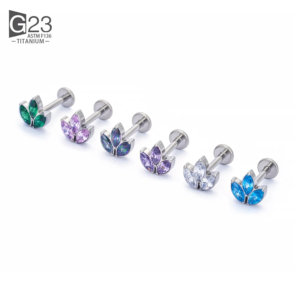 G23 Titanium PIERC Labret Earring Thread 3 Marquise CZ Paved Top Cartilage Tragus Ear Lip Stud Helix Pircing Body Jewelry Unisex view 3