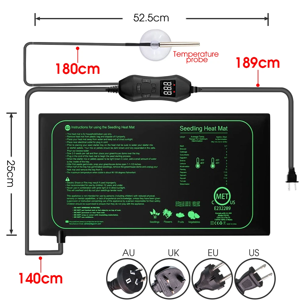 50W Seedling Heating Mat with Adjustable Thermostat Setting from 20℃ to 45℃ for Winter Plants Nursery Warm Seed Germination Grow