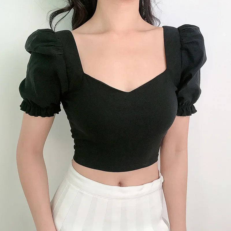 2021 Woman Sexy Crop Top Black Palace Style Square Neck T-Shirts Women White Summer Casual Tops Vintage Streetwear Off Shoudler