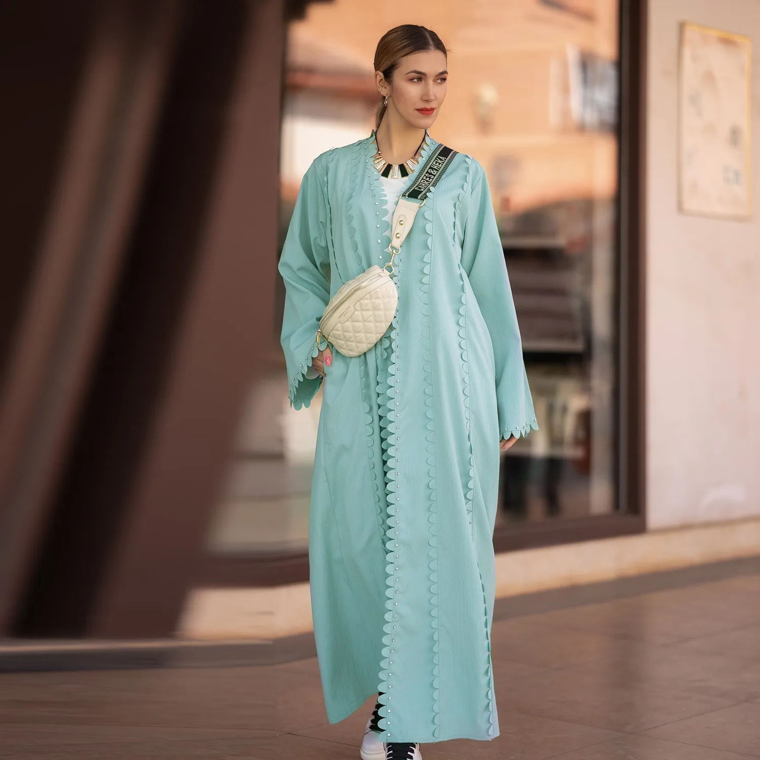 Women Abaya Dress Eid Muslim Cardigan Robe Sashes Abayas Beading Ramadan Open Dresses Morocco Vestidos Jalabiya Dubai Kaftan
