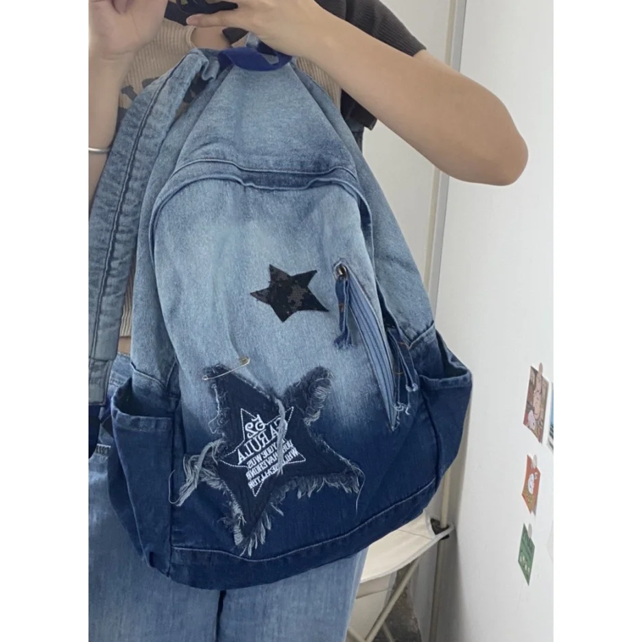 Y2K Korean Casual Denim Backpack Fashion Star Pattern Large Capacity Student Schoolbag Teenagers Vintage Punk Travel Book Bag