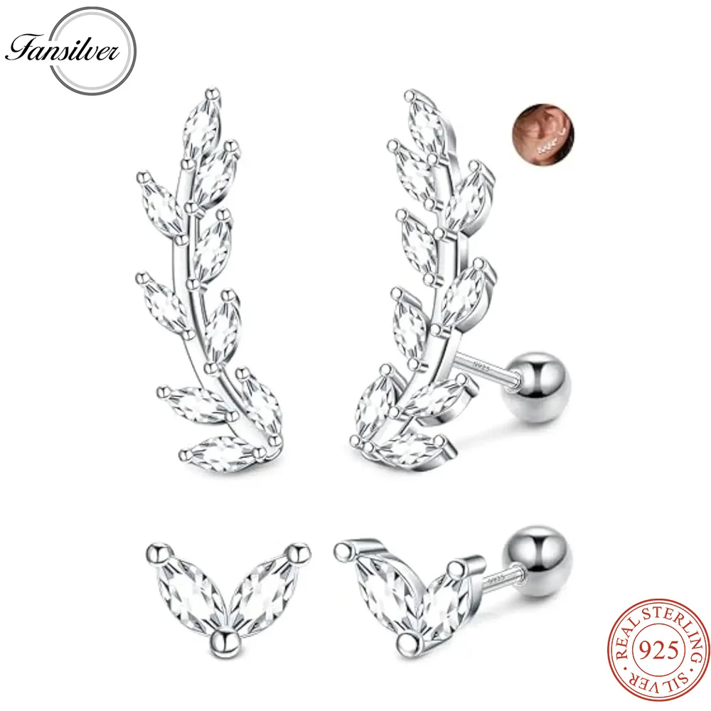 

Fansilver 925 Sterling Silver Cartilage White Gold Plated Leaf Star Climber Earrings Cartilage Piercing Set for Sensitive Ears