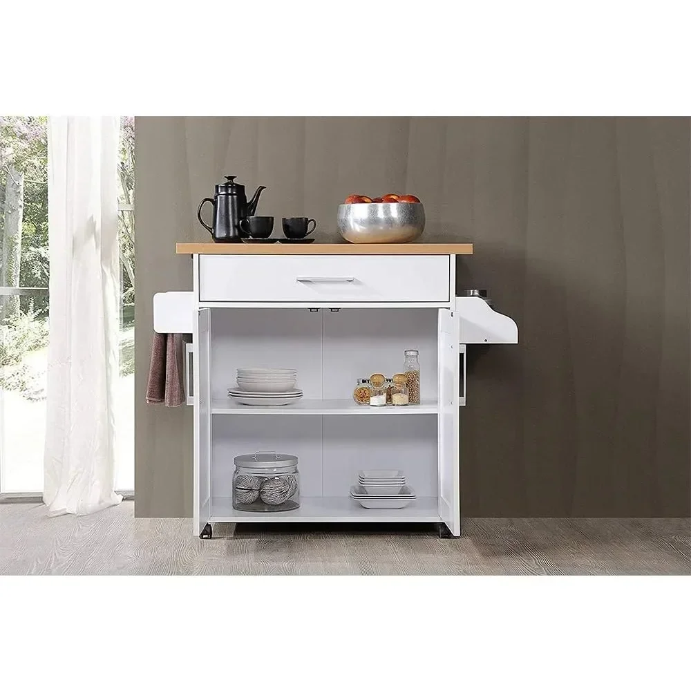 Kitchen Island with Spice Rack, Towel Rack & Drawer, White with Beech Top, 15.5 X 35.5-44.9 X 35.2 Inches