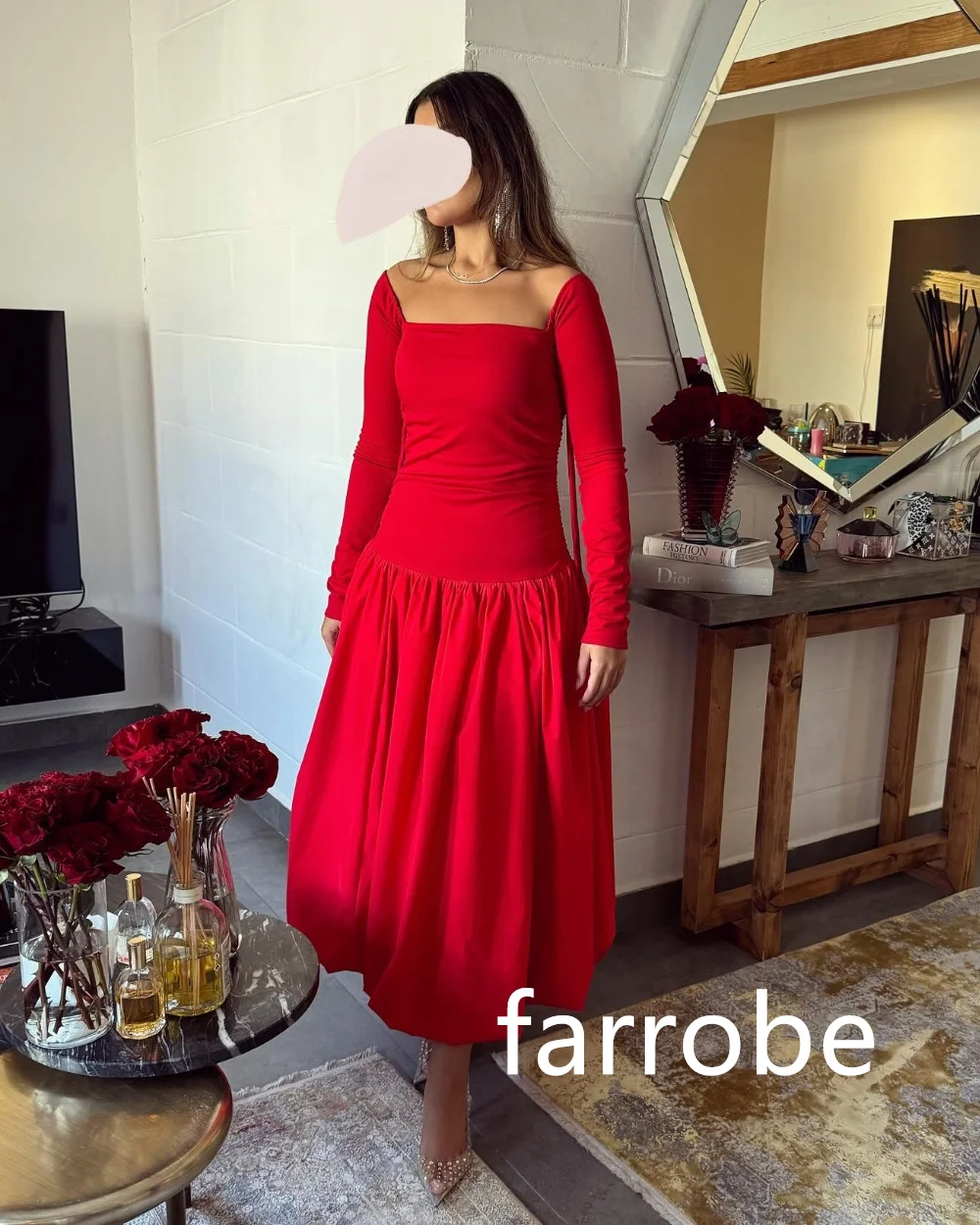 Robe de Soirée Mi-Longue à Plis en Jersey Personnalisé, Ligne A, Col Carré, Décontractée, Simple, Mode Rétro, Élégante, Exquise