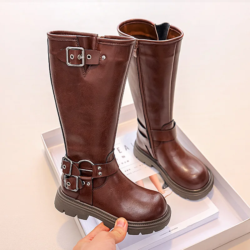 Girls High Boots 2023 Winter Toddler Kids Princess Fashion Brand Knee Long Boots Children Genuine Leather Buckle Warm Fur Shoes