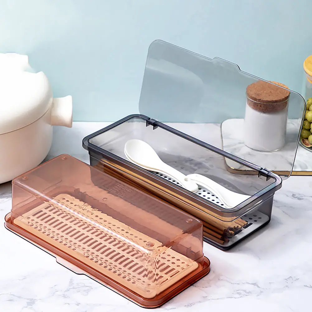 2Pcs Chopsticks Storage Box PP Material Transparent Lid Kitchen Organizer with Drainage Chassis Spoon Fork Holder Dish Drying
