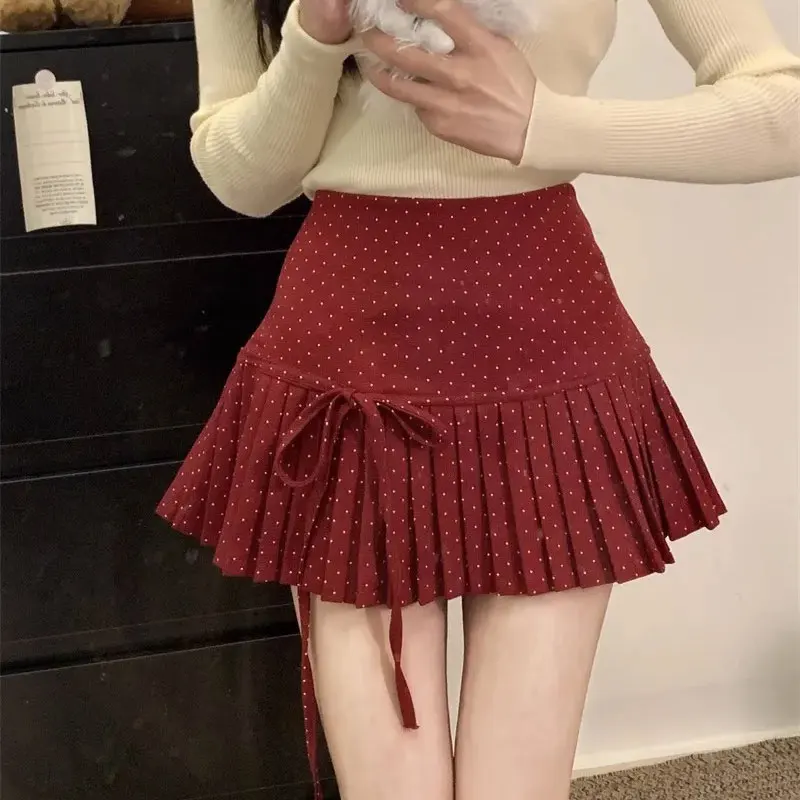 

Sweet Polka Dot Pleated Mini Skirts Spring Autumn High Waist Female Clothing Fashion Bow Drawstring A-Line Aura Spliced Skirts