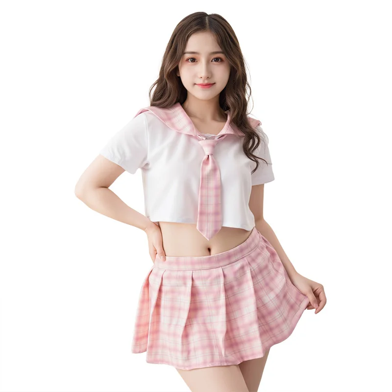 

LISM Sexy Pink Plaid Sailor Lingerie Set White Crop Top Tie Pleated Shorts Roleplay Outfit for Women Cosplay Erotic Costume