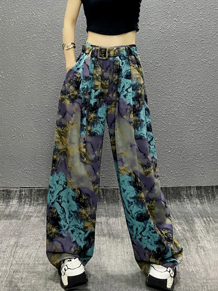 2025 Summer Women's New Fashionable Colorful Printed Design Wide-Leg Pants High Waist Loose Slimming Straight Casual Pants