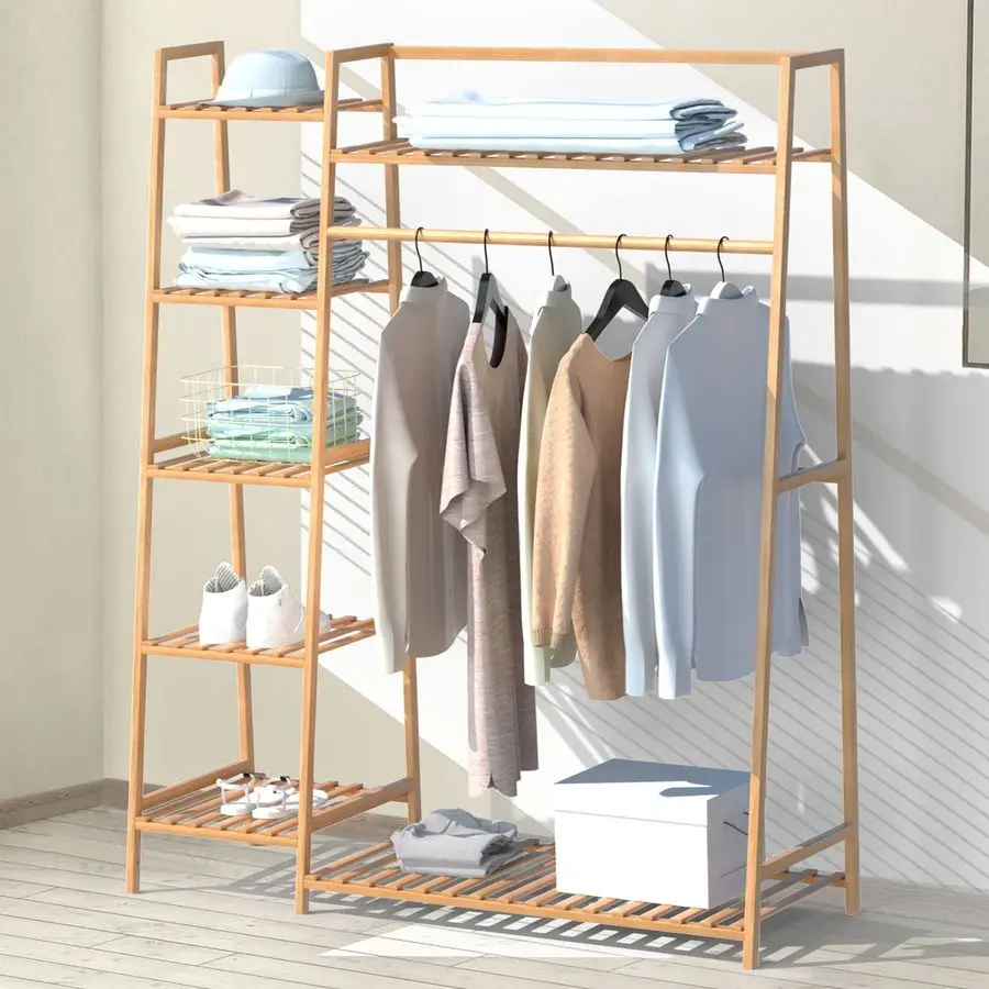 

Bamboo Clothing Garment Rack,Free Standing Clothes Coat Hanger,Closet Organizer w Shoe Rack,Multitiered Wardrobe Storage Shelve