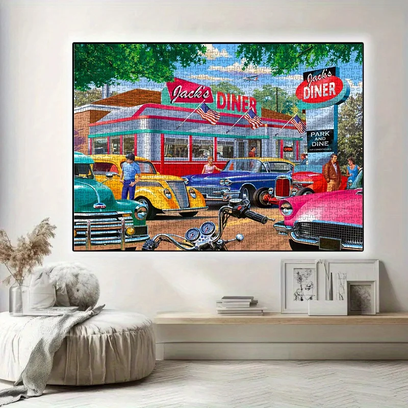 Puzzle dla dorosłych w stylu vintage: amerykański dżiner i klasyczne samochody, retro, gra intelektualna, zabawka dekoracyjna do domu.